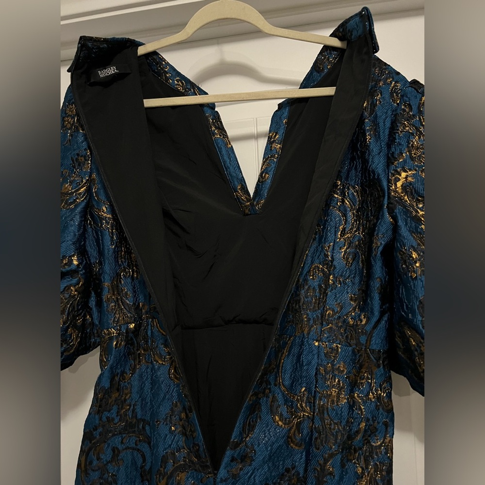 Badgley Mischka Metallic Brocade Jacquard Maxi Dress Blue Gold Puff Sleeve Dress - Picture 10 of 14